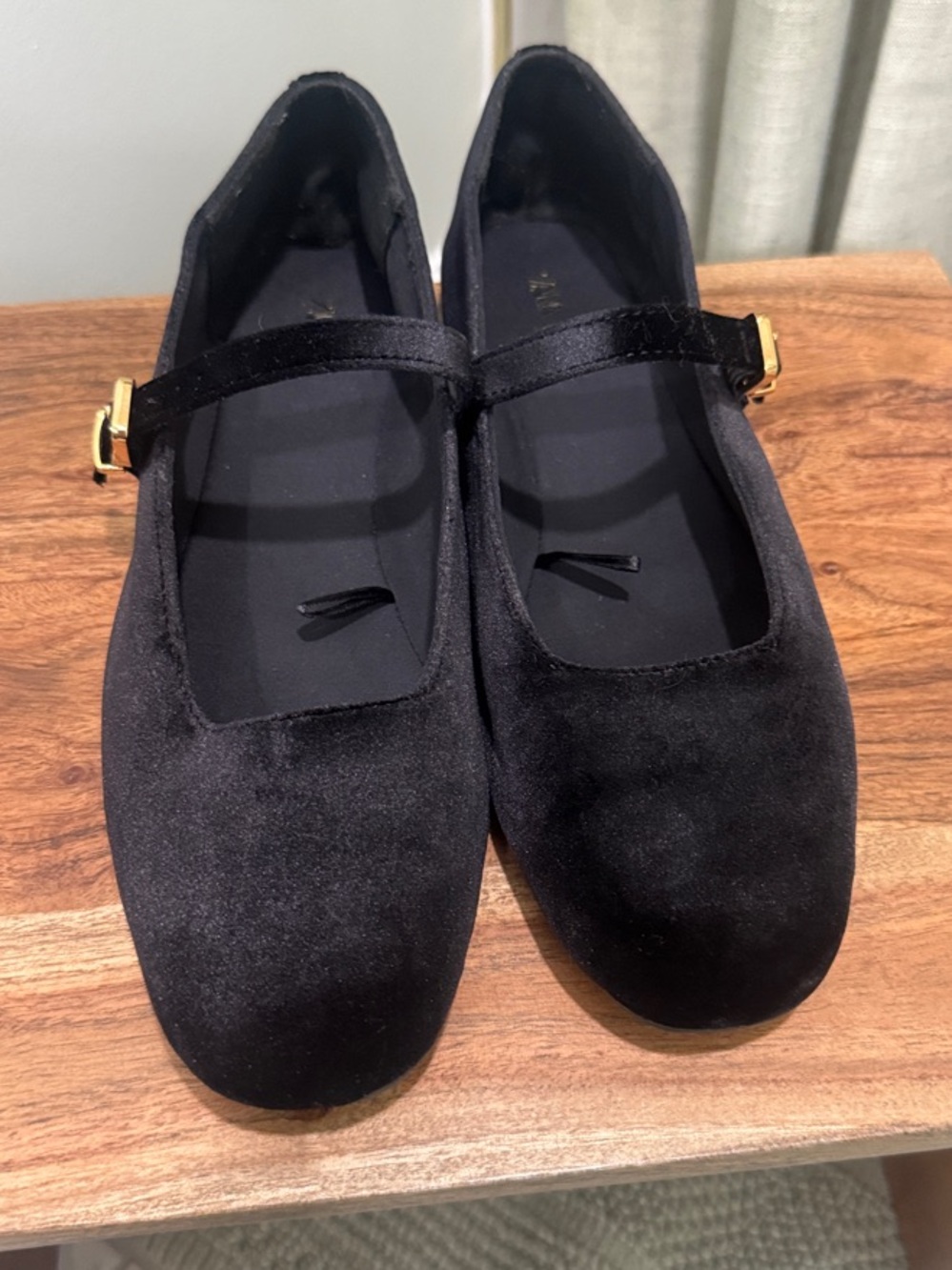 Zara Black Velvet Mary Jane Flats with Gold Buckle